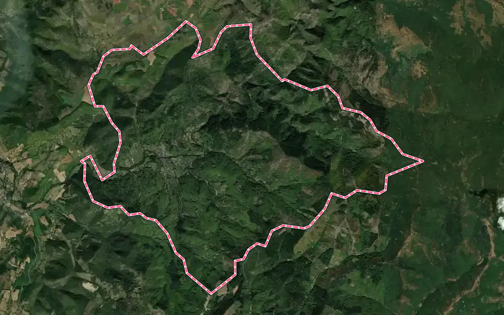 Vue satellite de Saint-Jean-du-Bruel avec ses contours administratifs