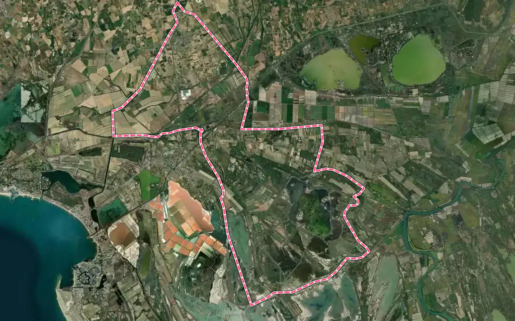 Vue satellite de Saint-Laurent-d'Aigouze avec ses contours administratifs