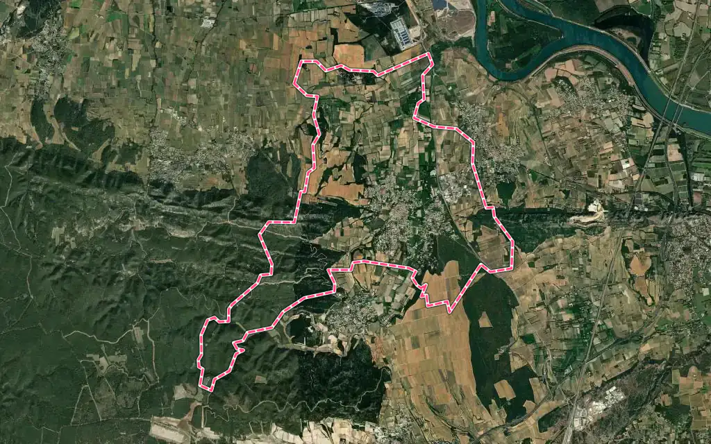 Vue satellite de Saint-Laurent-des-Arbres avec ses contours administratifs