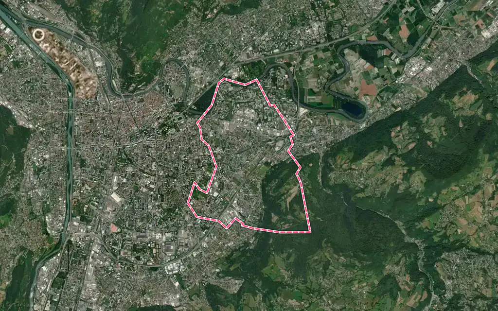 Vue satellite de Saint-Martin-d'Hères avec ses contours administratifs