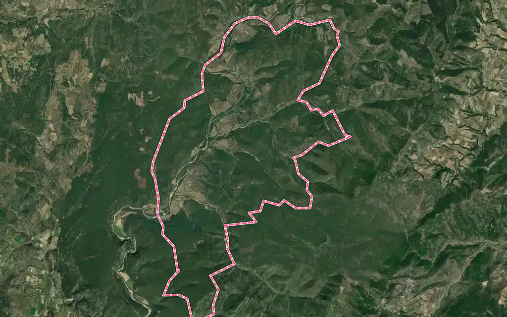 Vue satellite de Saint-Maurice-d'Ibie avec ses contours administratifs
