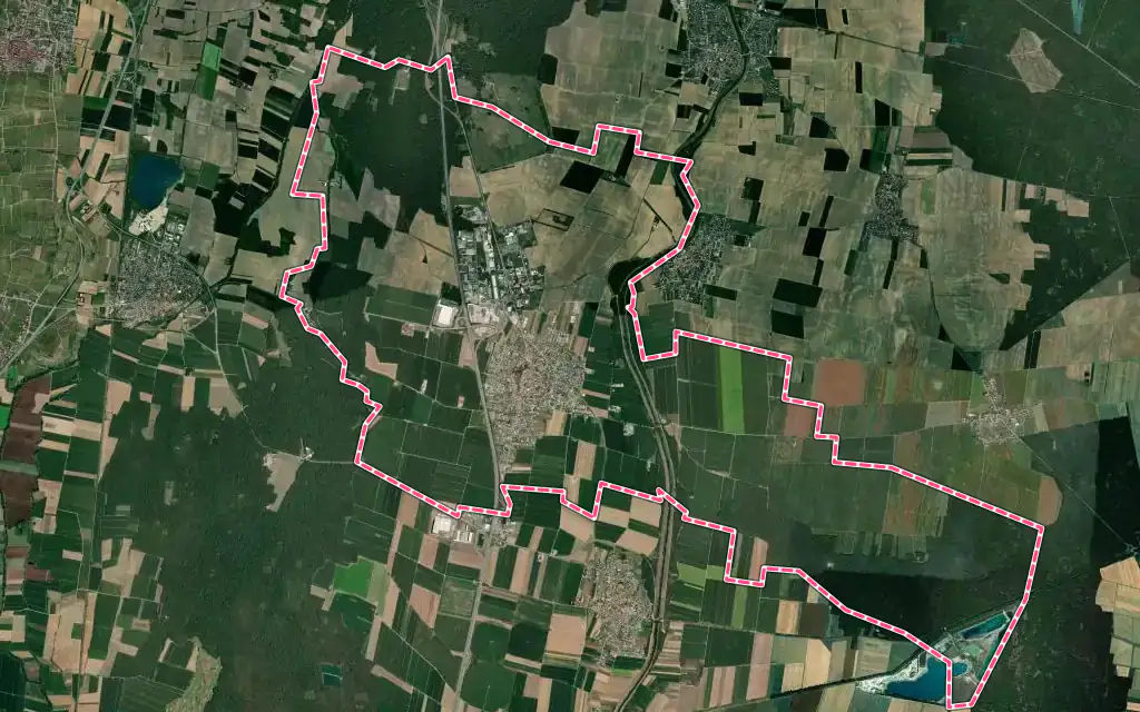 Vue satellite de Sainte-Croix-en-Plaine avec ses contours administratifs