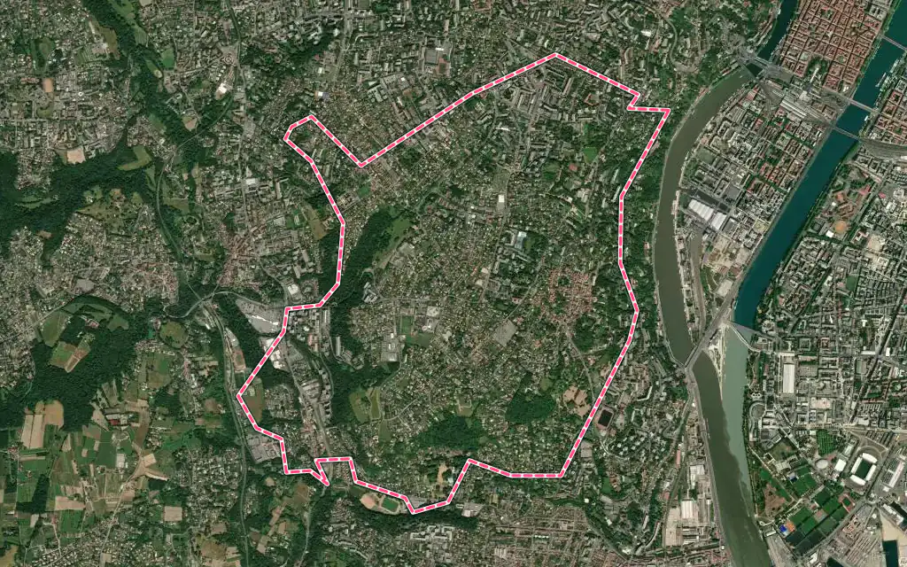 Vue satellite de Sainte-Foy-lès-Lyon avec ses contours administratifs