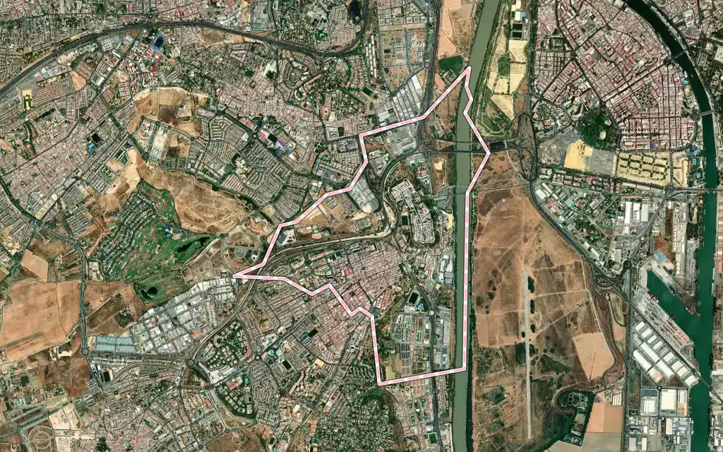 Vista satélite de San Juan de Aznalfarache con su contorno administrativo