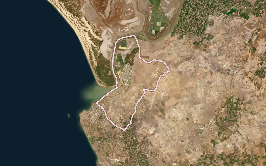 Vista satélite de Sanlúcar de Barrameda con su contorno administrativo