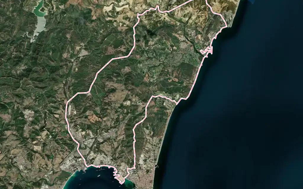 Vista satélite de San Roque con su contorno administrativo