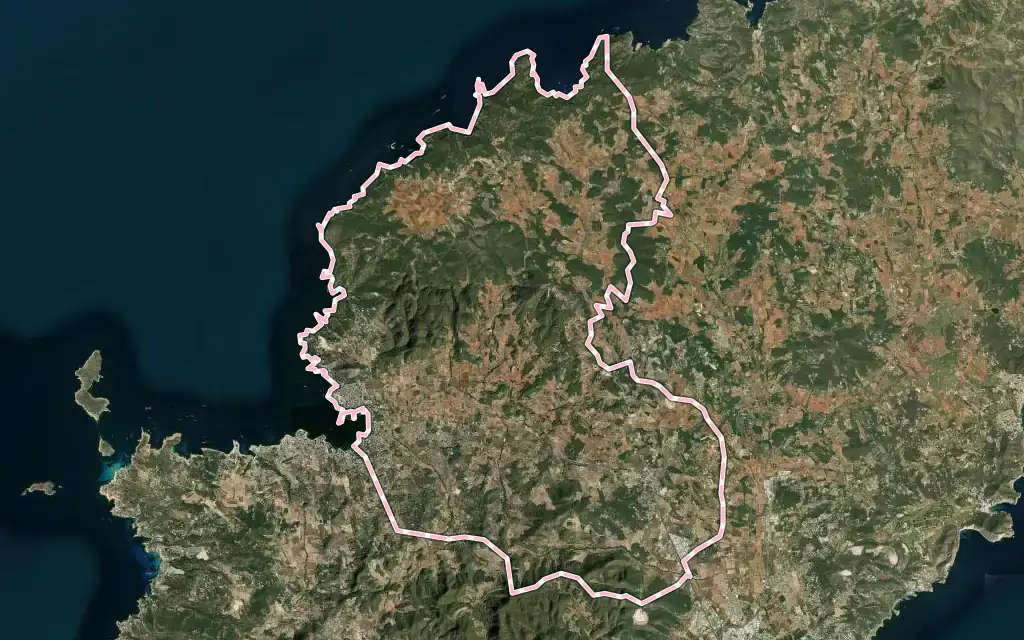 Vista satélite de Sant Antoni de Portmany con su contorno administrativo