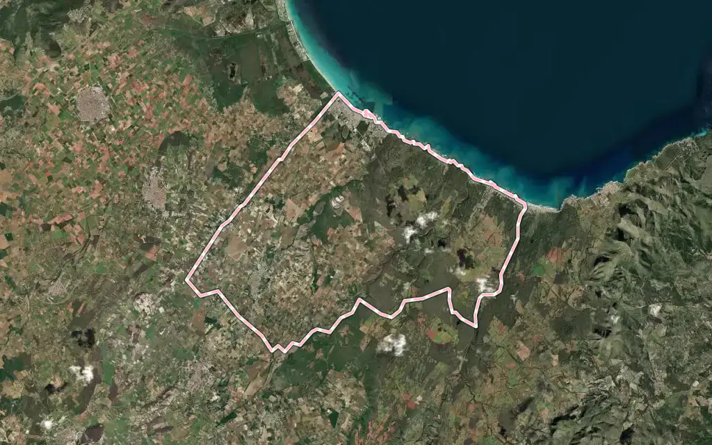 Vista satélite de Santa Margalida con su contorno administrativo