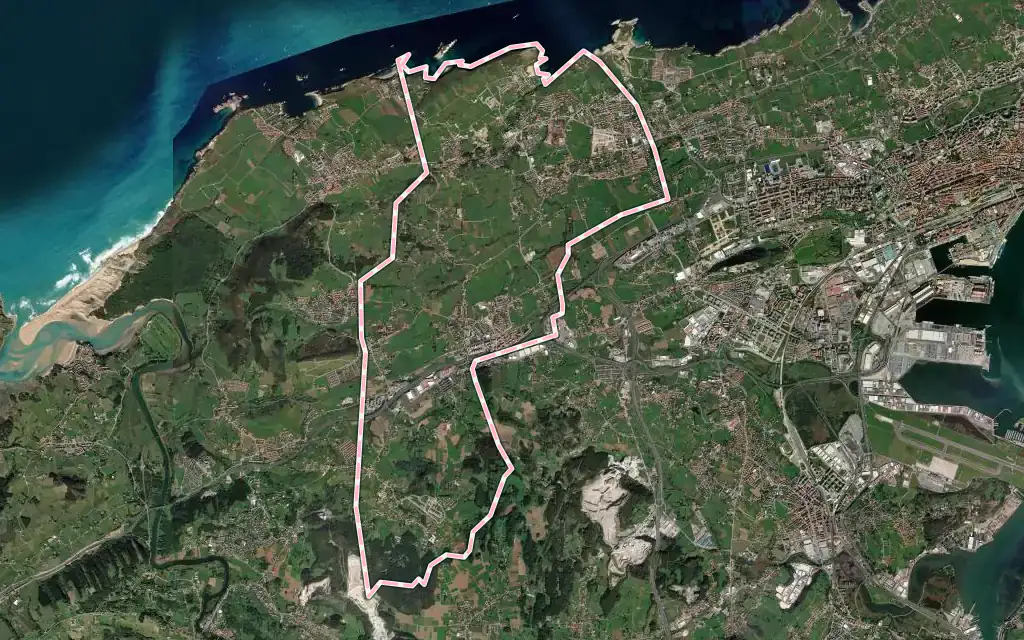 Vista satélite de Santa Cruz de Bezana con su contorno administrativo