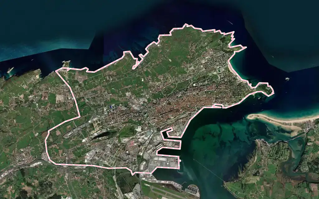 Vista satélite de Santander con su contorno administrativo