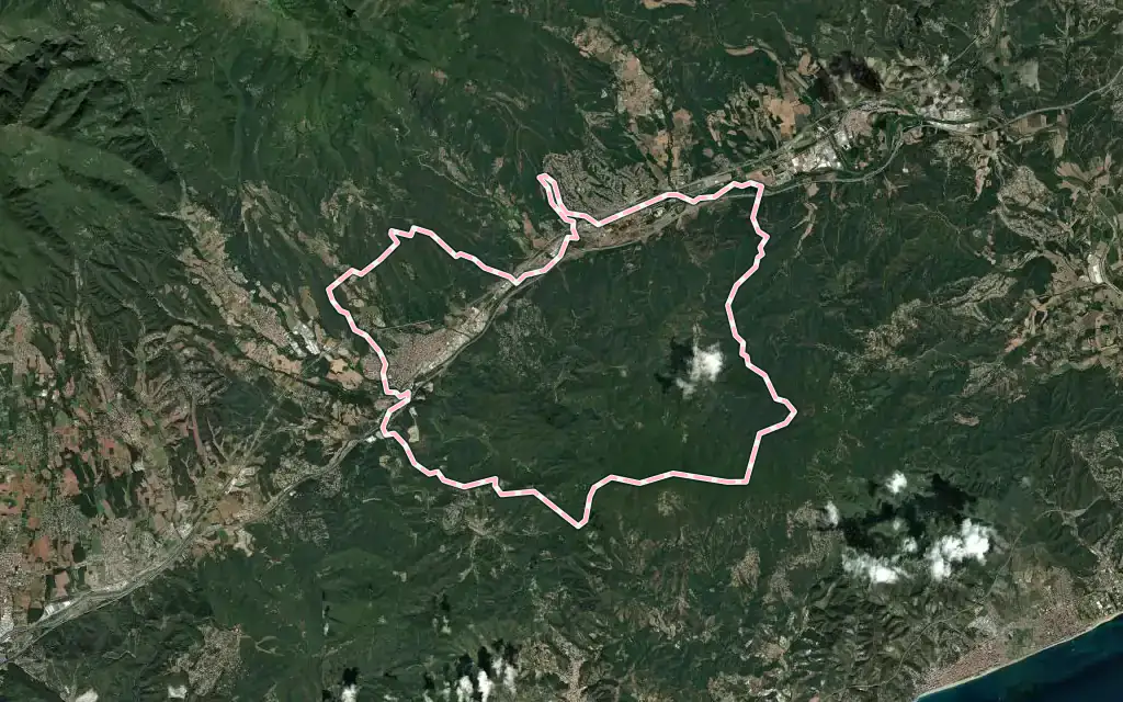 Vista satélite de Sant Celoni con su contorno administrativo