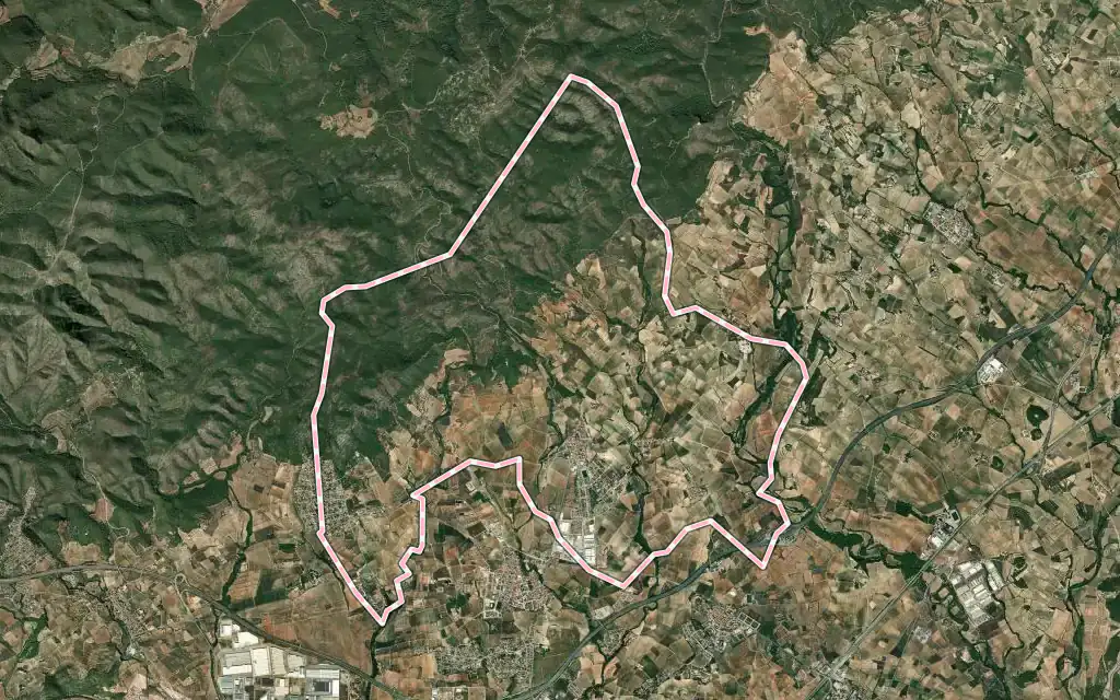 Vista satélite de Sant Jaume dels Domenys con su contorno administrativo