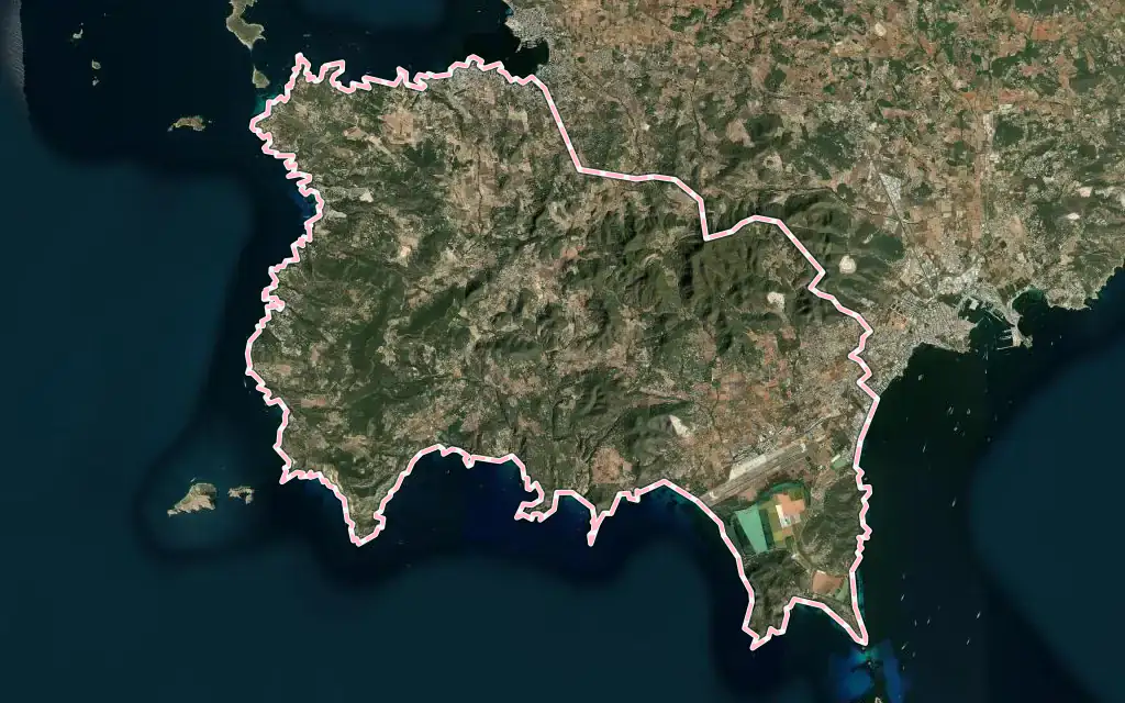 Vista satélite de Sant Josep de sa Talaia con su contorno administrativo