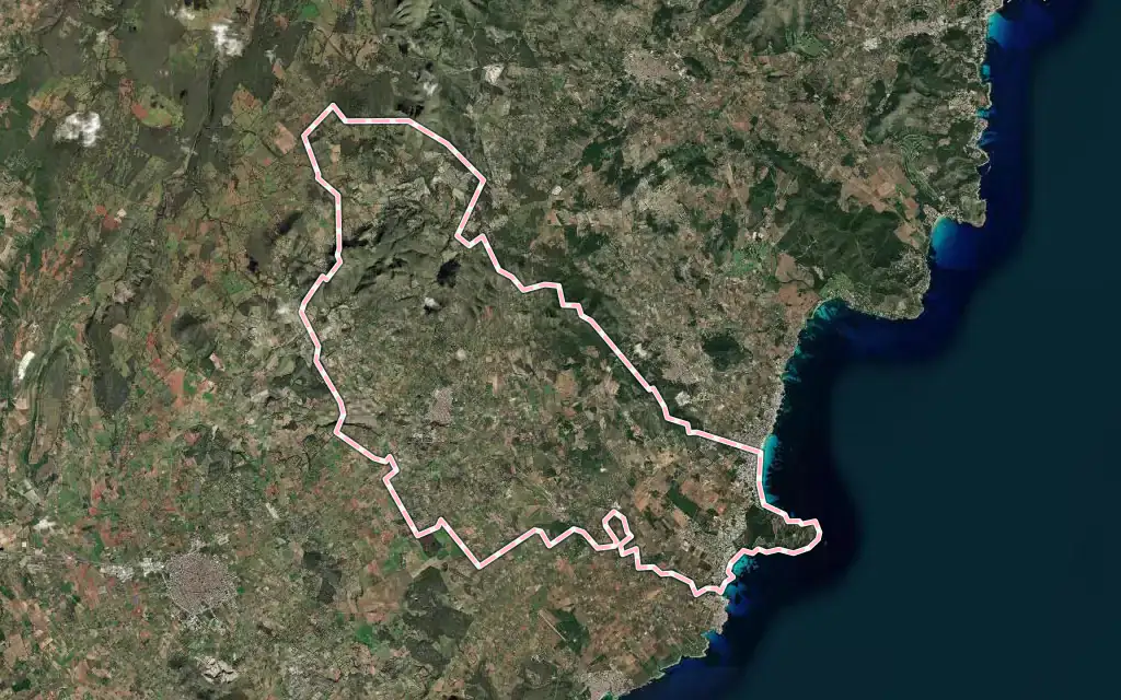 Vista satélite de Sant Llorenç des Cardassar con su contorno administrativo