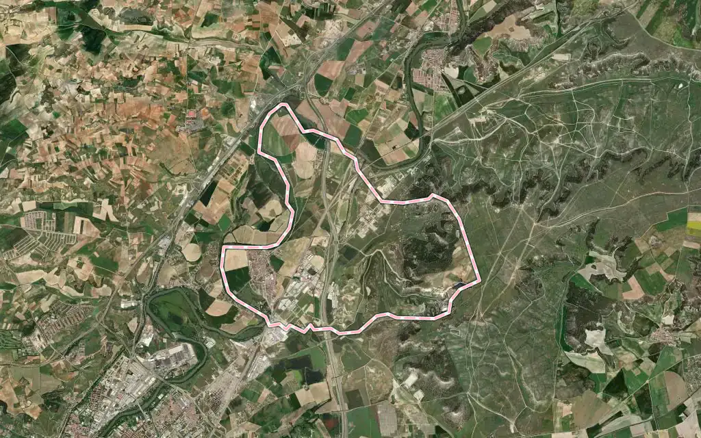 Vista satélite de Santovenia de Pisuerga con su contorno administrativo