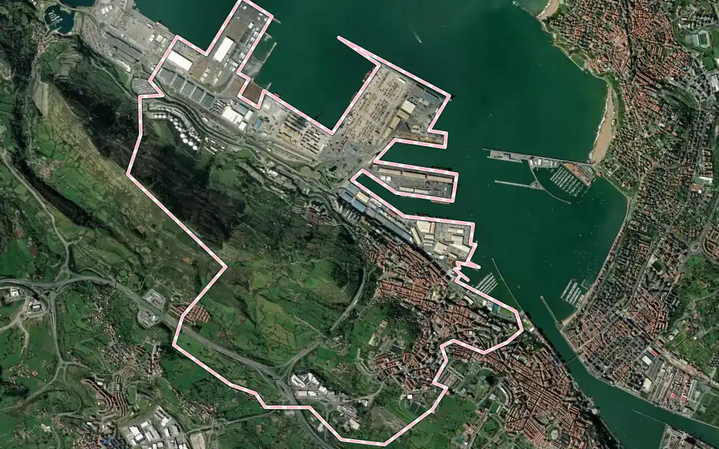 Vista satélite de Santurtzi con su contorno administrativo