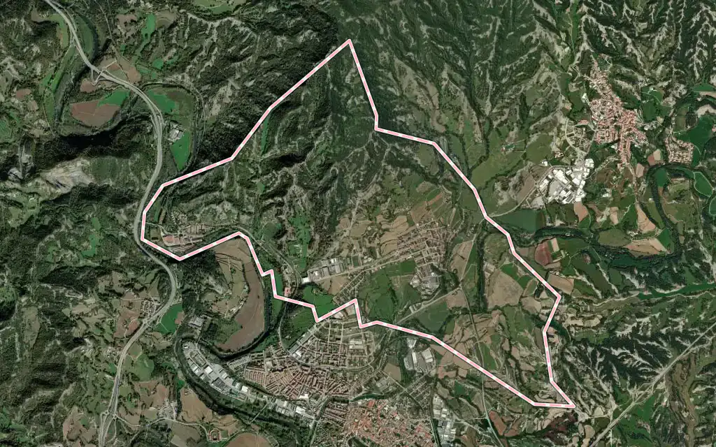 Vista satélite de Sant Vicenç de Torelló con su contorno administrativo