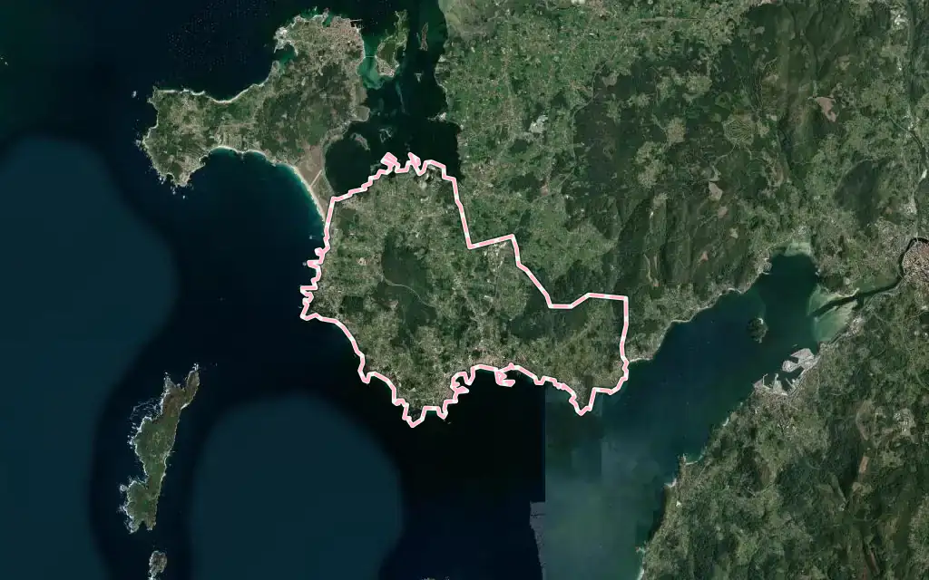 Vista satélite de Sanxenxo con su contorno administrativo