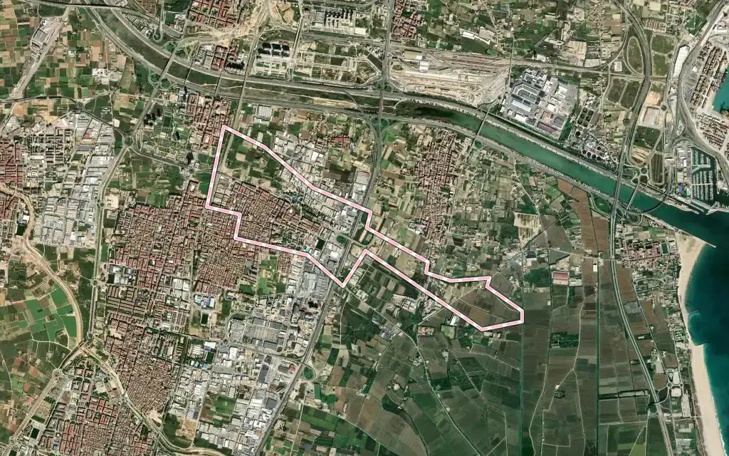Vista satélite de Sedaví con su contorno administrativo