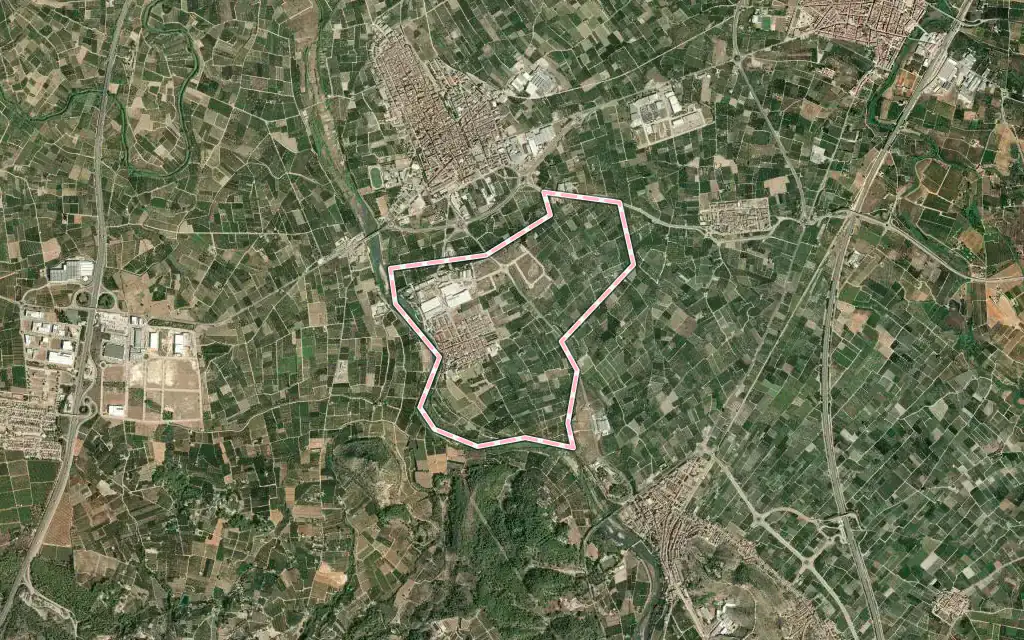 Vista satélite de Senyera con su contorno administrativo