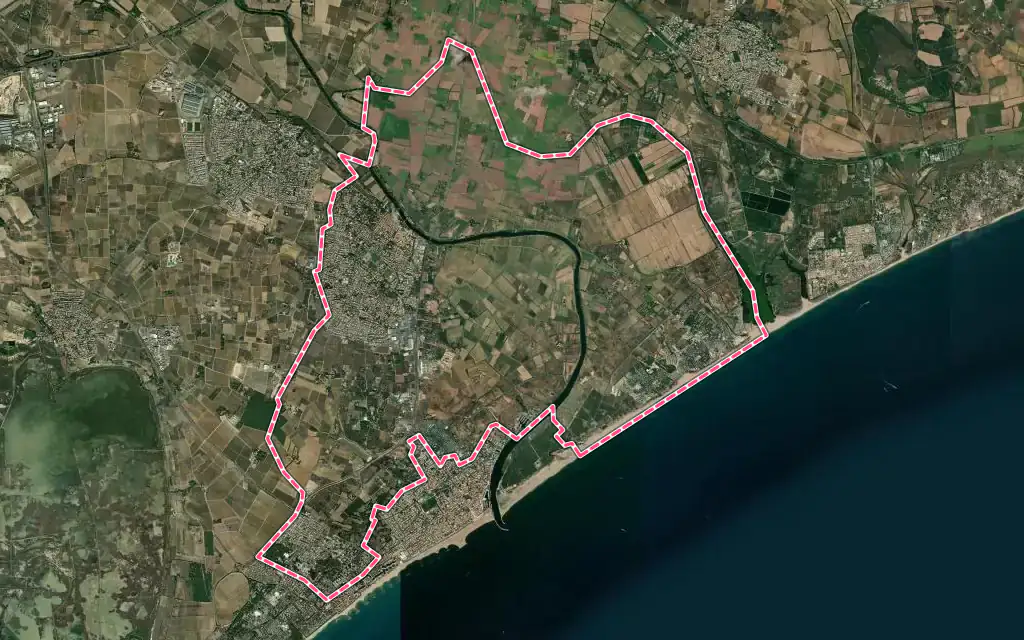 Vue satellite de Sérignan avec ses contours administratifs