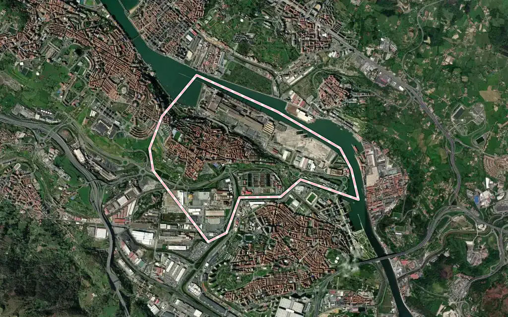 Vista satélite de Sestao con su contorno administrativo