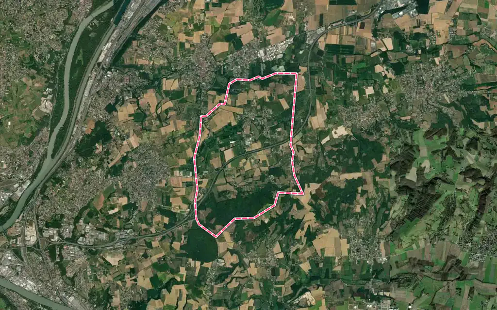 Vue satellite de Simandres avec ses contours administratifs
