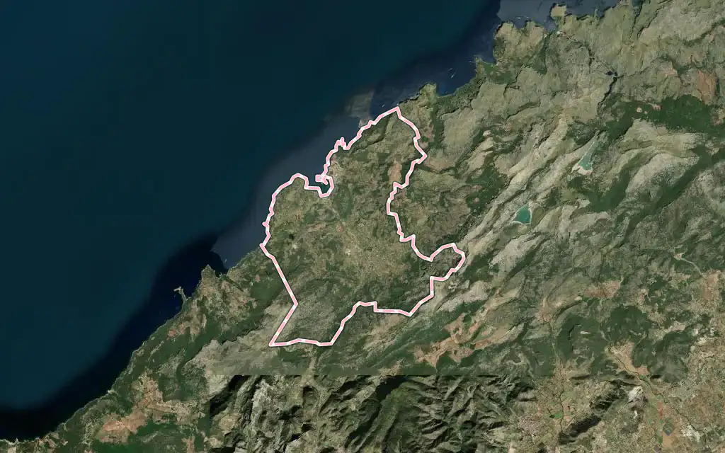 Vista satélite de Sóller con su contorno administrativo