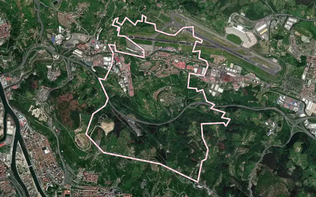 Vista satélite de Sondika con su contorno administrativo