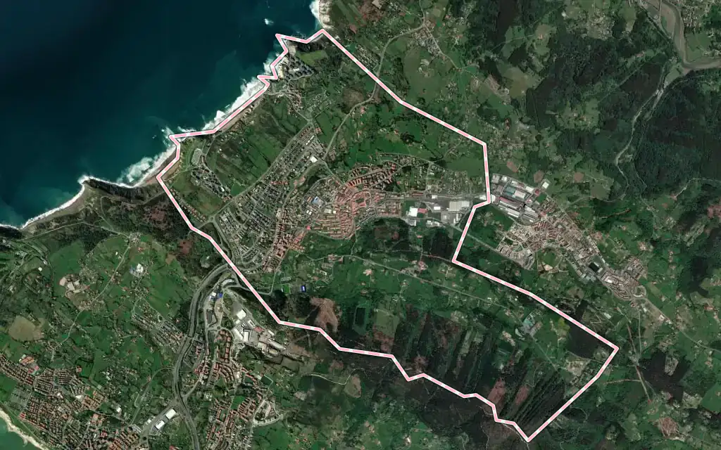 Vista satélite de Sopela con su contorno administrativo