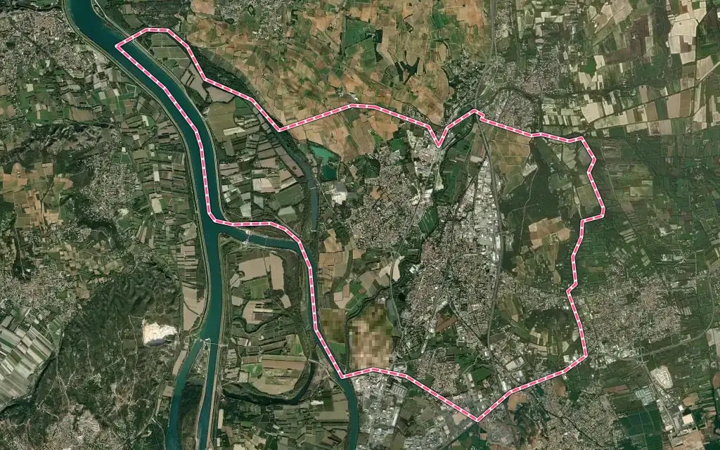 Vue satellite de Sorgues avec ses contours administratifs