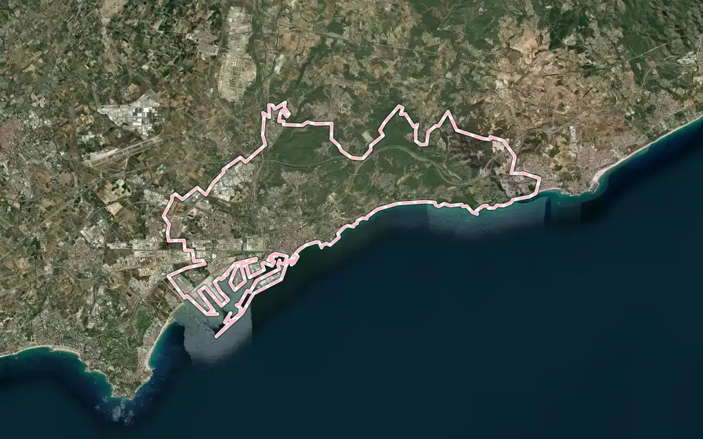 Vista satélite de Tarragona con su contorno administrativo