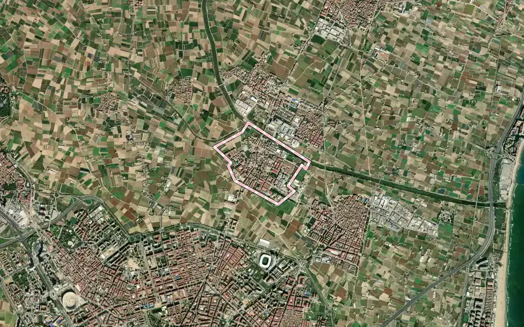 Vista satélite de Tavernes Blanques con su contorno administrativo