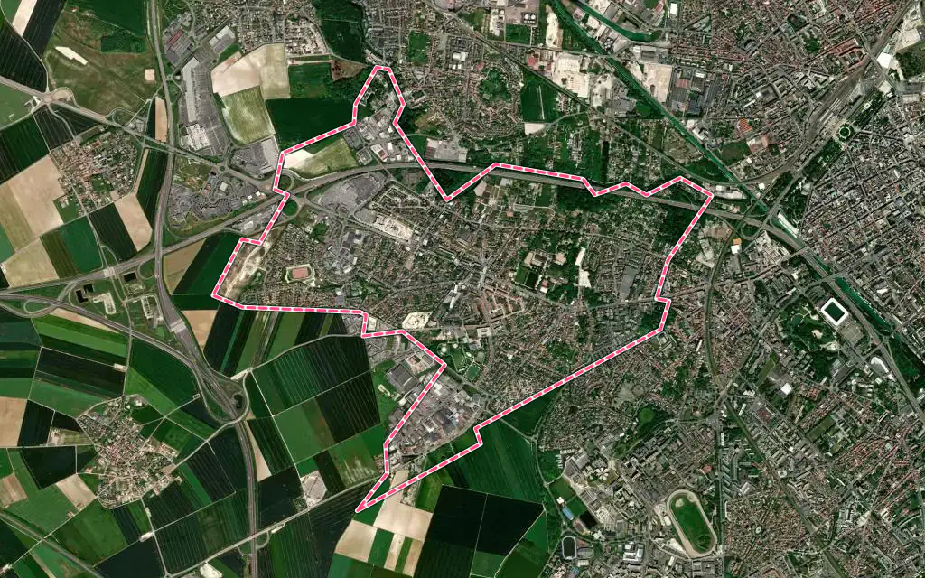 Vue satellite de Tinqueux avec ses contours administratifs