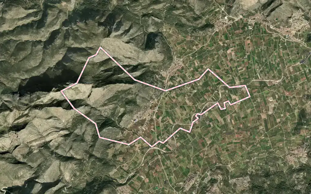 Vista satélite de Tormos con su contorno administrativo
