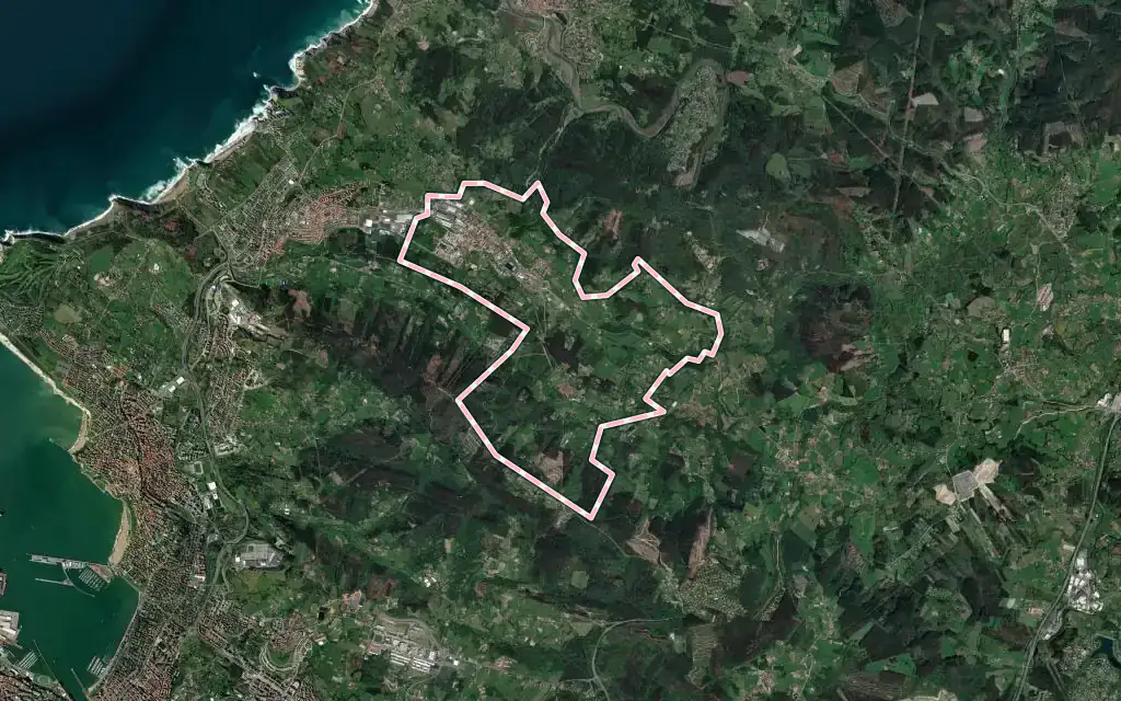 Vista satélite de Urduliz con su contorno administrativo