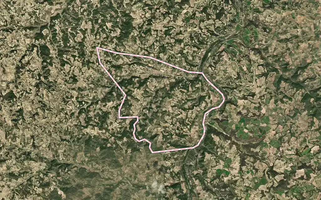 Vista satélite de Valdeltormo / la Vall del Tormo con su contorno administrativo