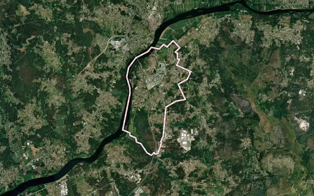 Vista satélite de Valença, Cristelo Covo e Arão con su contorno administrativo