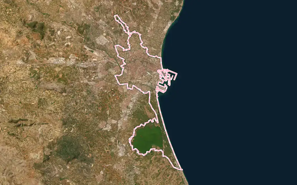 Vista satélite de Valencia con su contorno administrativo