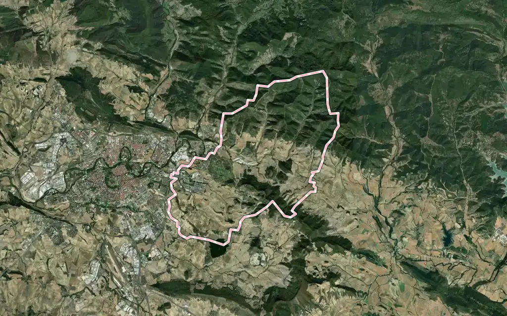 Vista satélite de Valle de Egüés / Eguesibar con su contorno administrativo