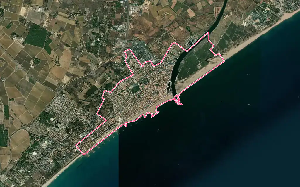 Vue satellite de Valras-Plage avec ses contours administratifs