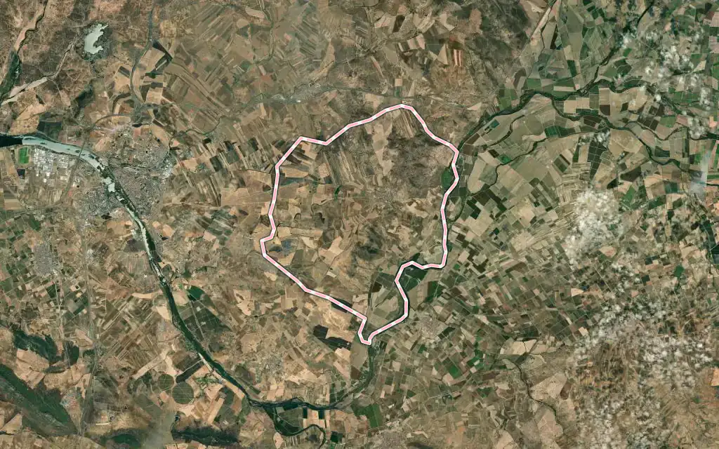 Vista satélite de Valverde de Mérida con su contorno administrativo