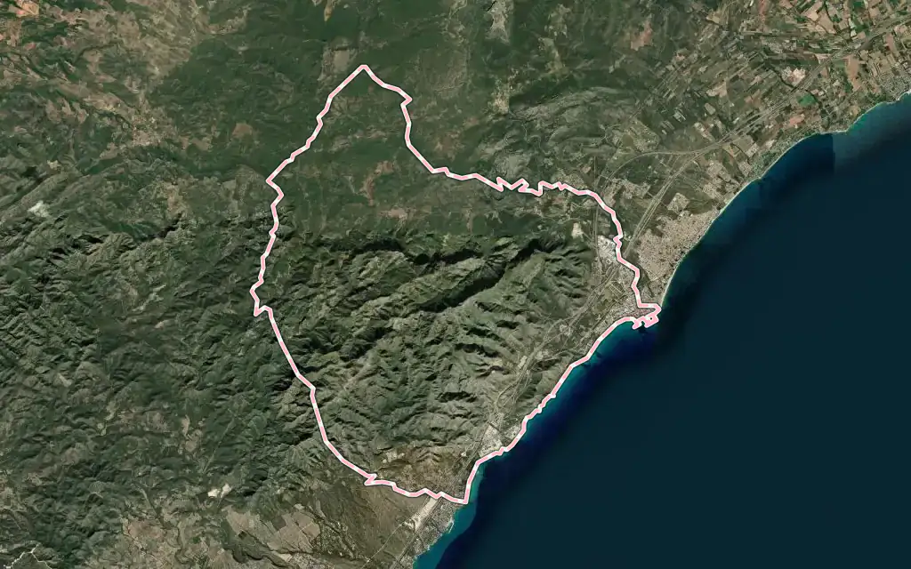 Vista satélite de Vandellòs i l'Hospitalet de l'Infant con su contorno administrativo