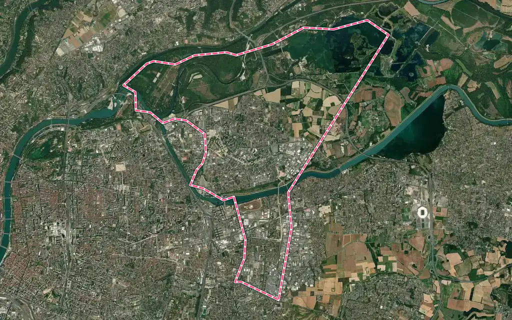 Vue satellite de Vaulx-en-Velin avec ses contours administratifs