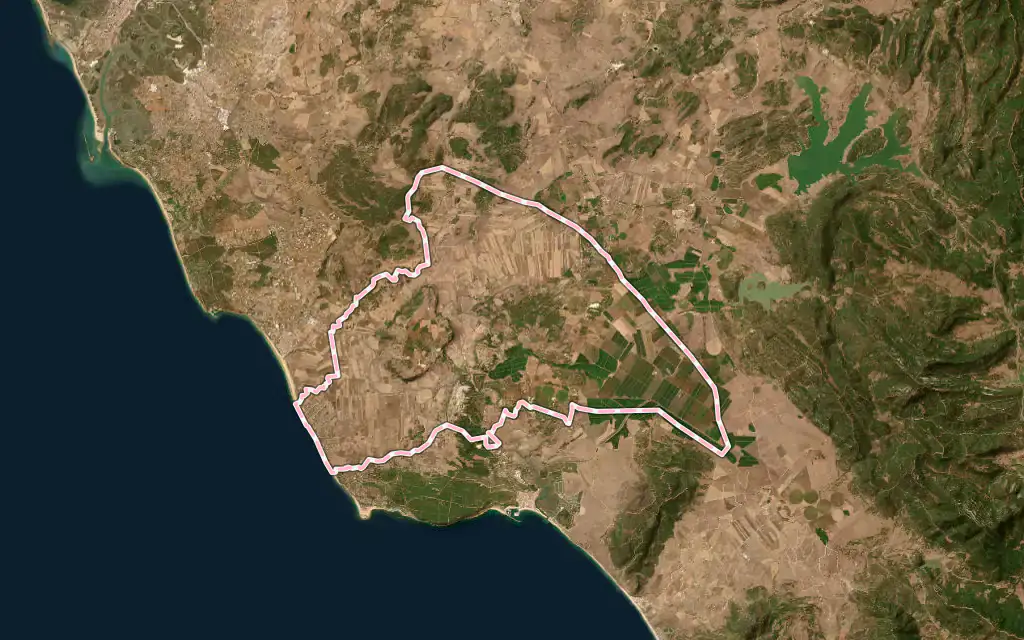 Vista satélite de Vejer de la Frontera con su contorno administrativo