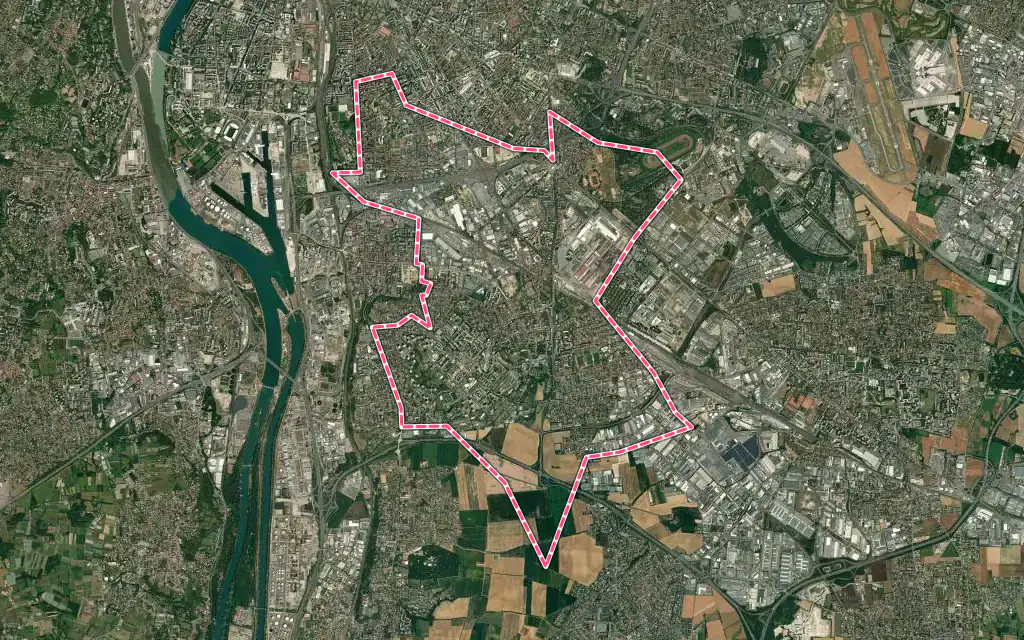 Vue satellite de Vénissieux avec ses contours administratifs