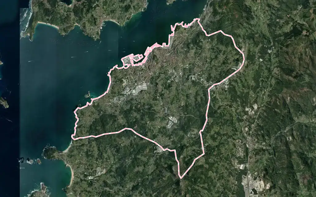 Vista satélite de Vigo con su contorno administrativo