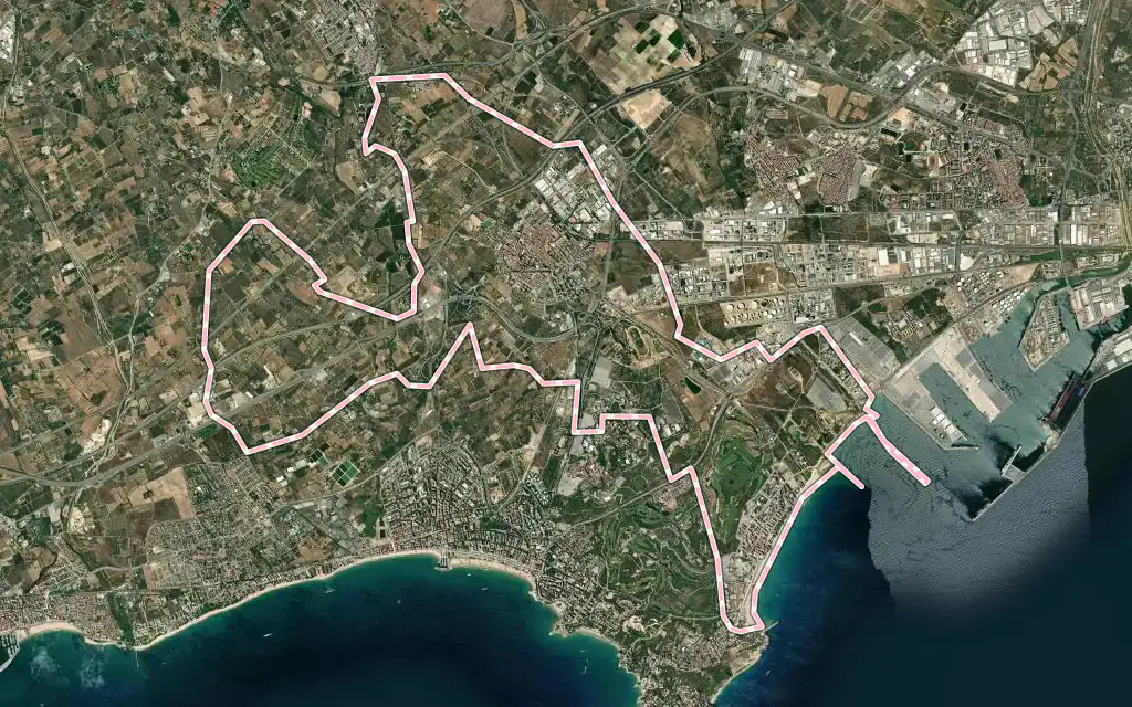 Vista satélite de Vila-seca con su contorno administrativo
