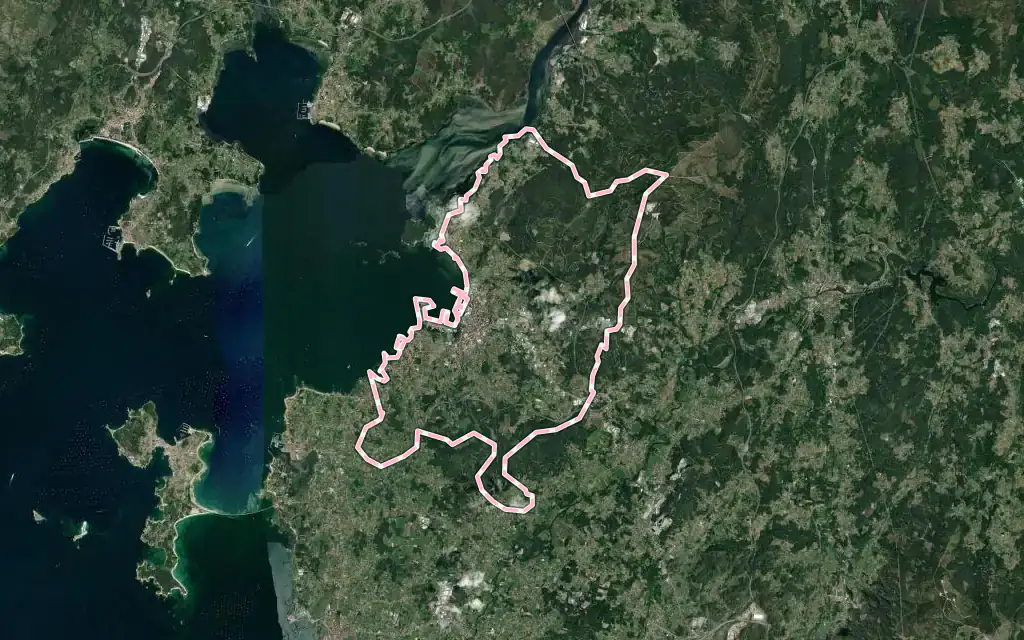 Vista satélite de Vilagarcía de Arousa con su contorno administrativo