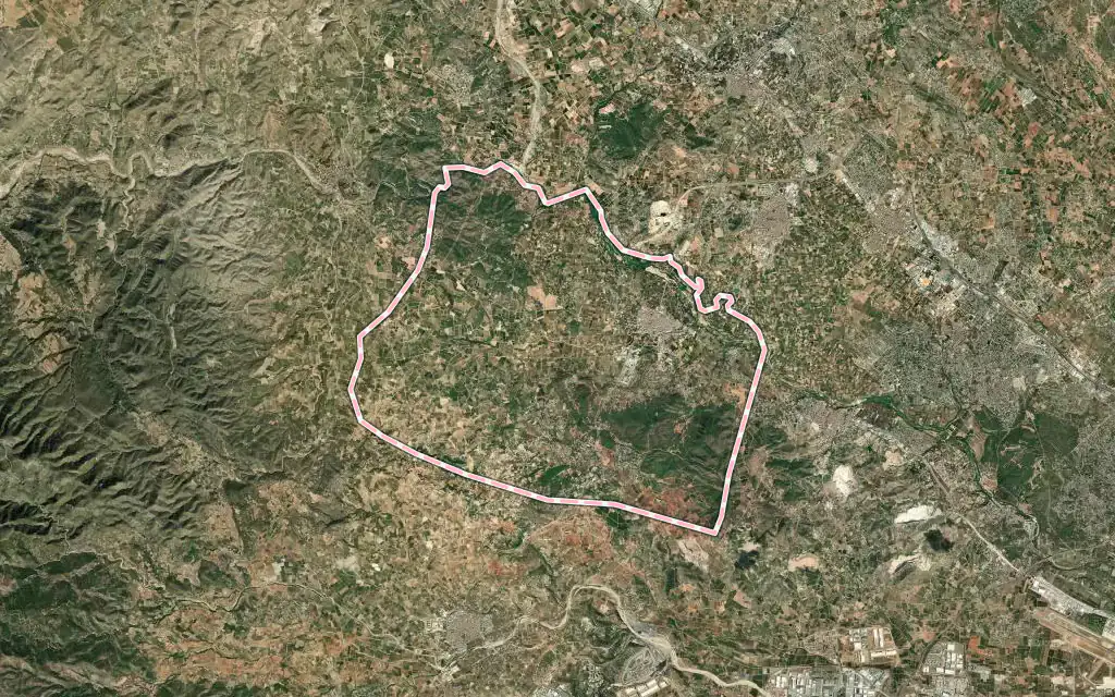 Vista satélite de Vilamarxant con su contorno administrativo